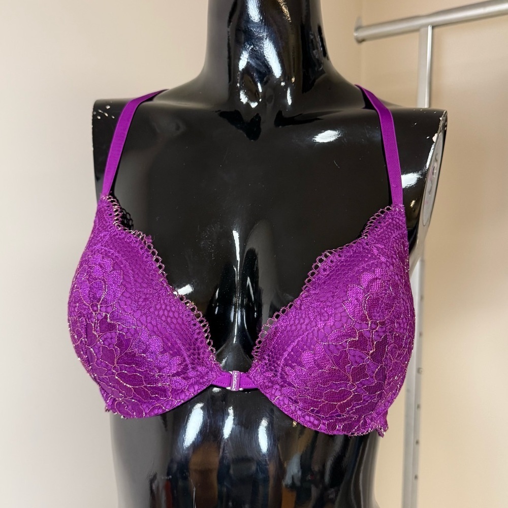 La Senza Purple Lace Push Up Bra 34C Racerback Floral Lingerie Gold Detail